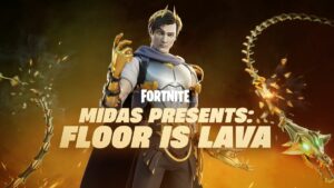 A promotional image for the Fortnite patch notes featuring the character Midas with the text "Midas presents: Floor Is Lava.