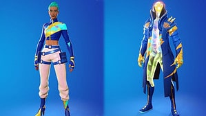 Limited time offer - Unlock free Fortnite skins showcased on a blue background.