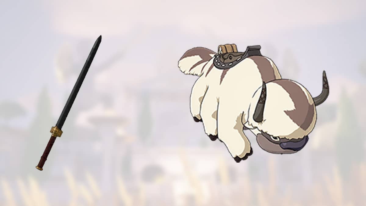 A katana on the left with a jumping animated dog character on the right, set against a misty background, featuring free Fortnite rewards.