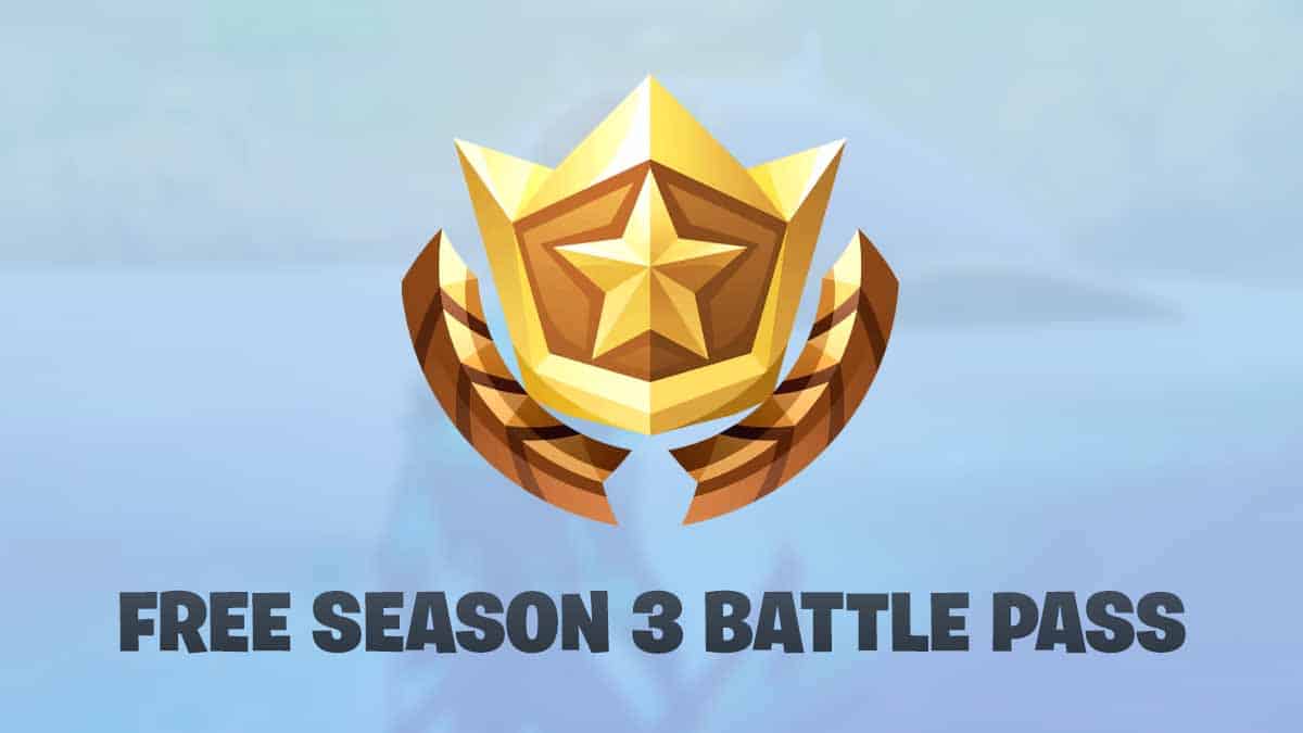 A golden star-shaped emblem with the text "FREE SEASON 3 BATTLE PASS" displayed below it on a gradient background, perfect for any Fortnite quiz enthusiast.