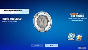 Didn't receive Fortnite V-Bucks? Here's why: Screenshot of a virtual currency transaction with 950 v-bucks acquired in Fortnite.