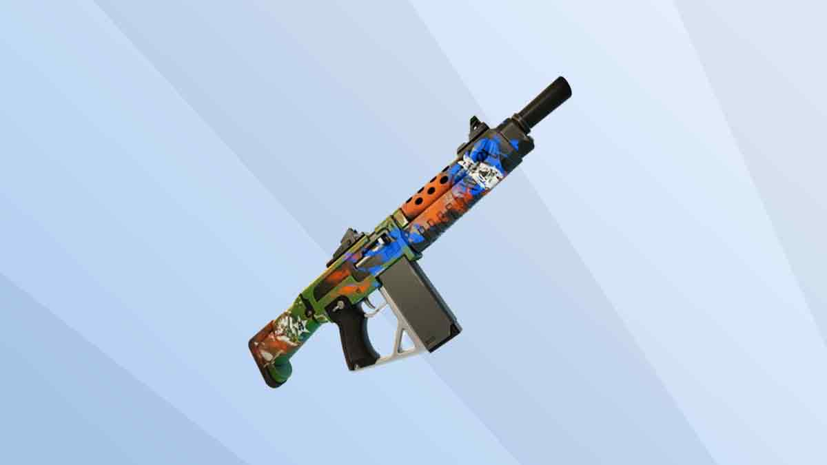 Colorfully painted assault rifle, one of the best Fortnite guns, with an attached magazine, presented against a gradient blue background.