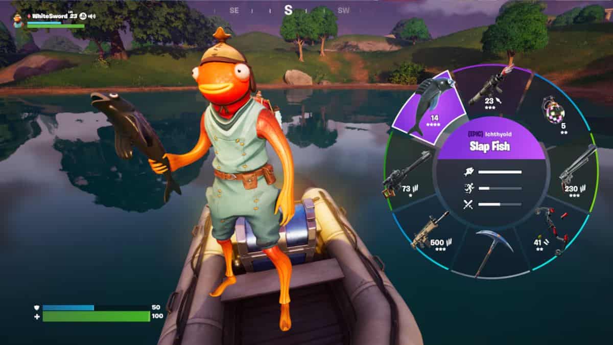 A character dressed in a fish costume holding a fishing rod stands on a boat in an Epic Games' Fortnite environment.