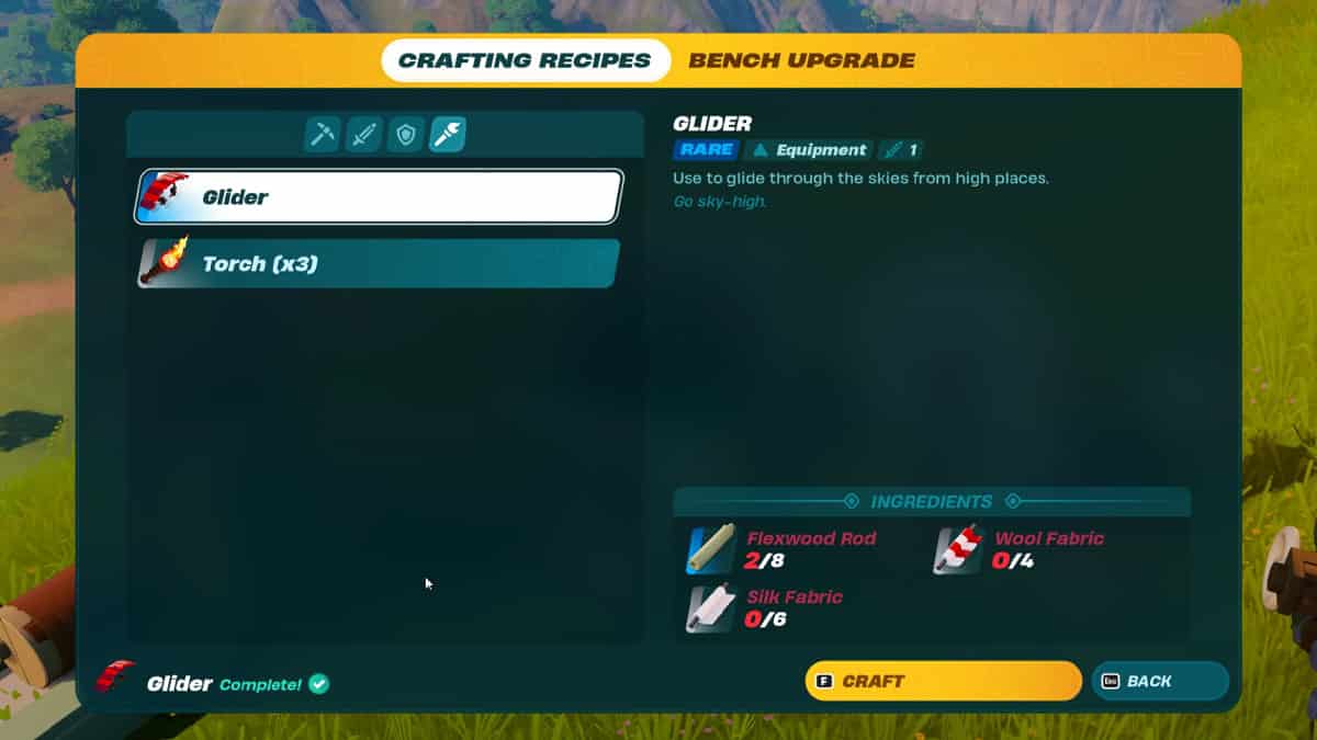 A screenshot of the Fortnite crafting menu featuring the LEGO Fortnite glider for fast travel.