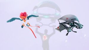Fortnite rarest gliders: The Heartspan Glider and Mako Glider side by side with a silhouette of a gliding player in the background.