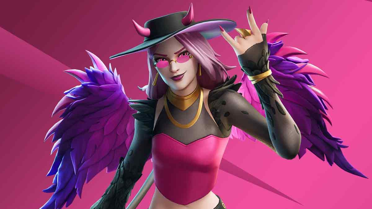 Digital artwork of a female character with pink hair, wearing a hat and Fortnite-inspired wings, in a playful pose against a pink background.