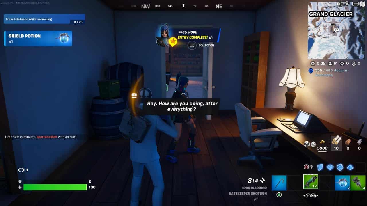 A player interacts with a vendor NPC at one of the locations inside a house in the video game Fortnite Chapter 5 Season 2.