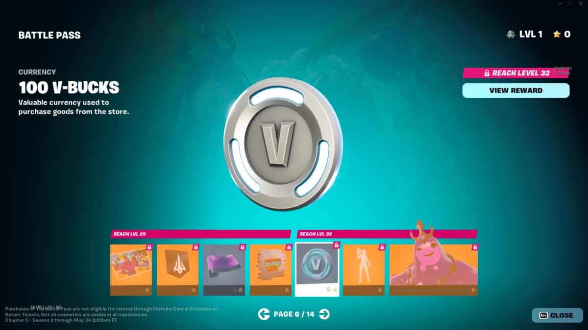 Fortnite how many free V-Bucks are in the Battle Pass: A reward of 100 V-Bucks for reaching Level 32 showing in the Battle Pass menu.