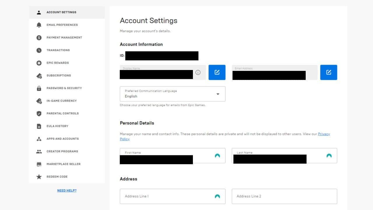 Fortnite how to change name: The account management screen to change your name in Fortnite.