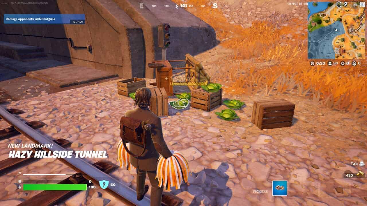 Fortnite how to destroy cabbage cart: A player with an Alan Wake skin standing next to an upturned cart surrounded by cabbages.
