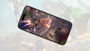 Fortnite how to download on iOS and Android: A cell phone playing Fortnite over a white background.