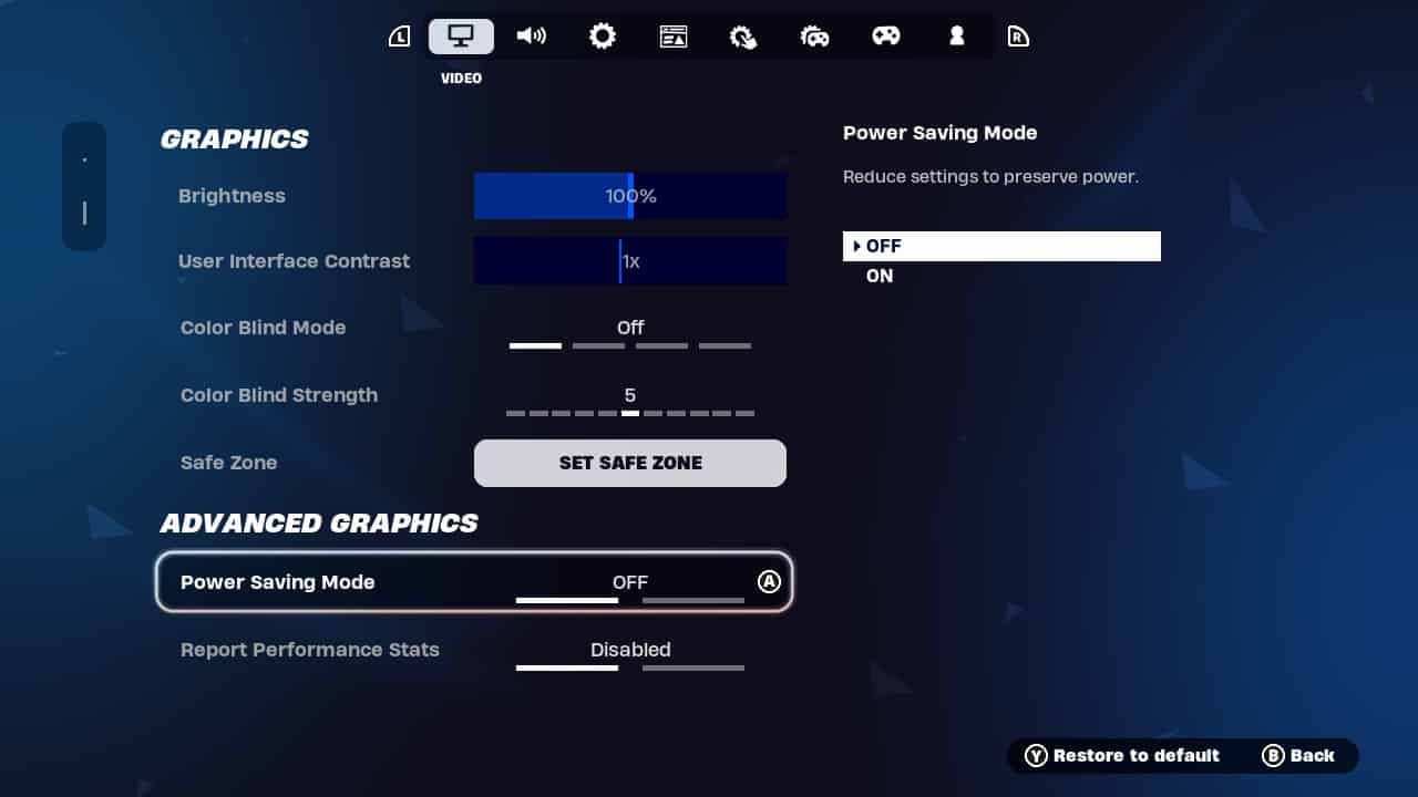 Screen capture of the Fortnite game settings menu, highlighting graphics options such as brightness, color blindness settings, and power saving mode toggle.