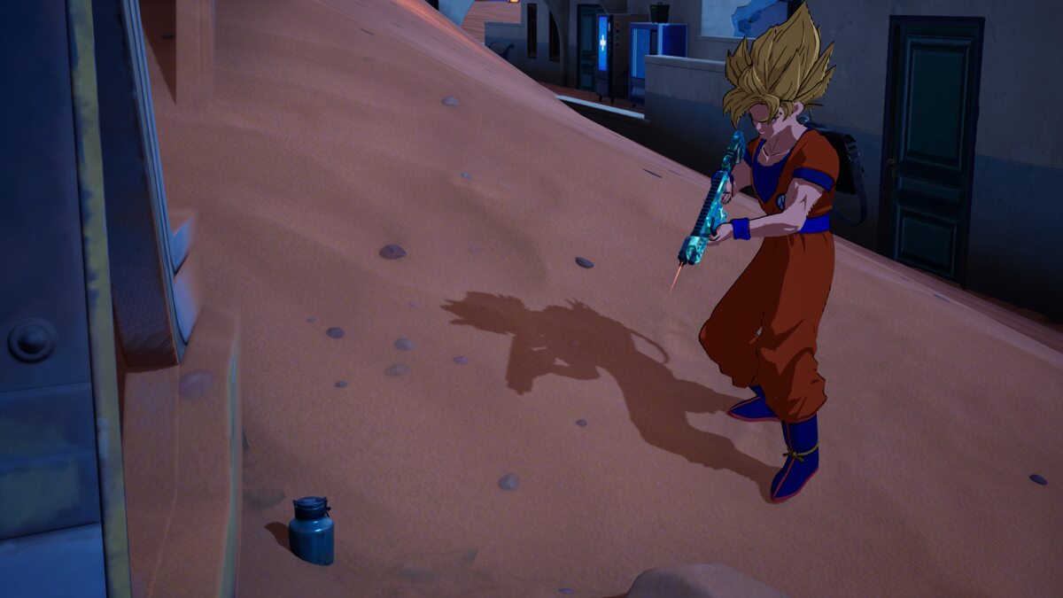 Fortnite how to get Jar of Dirt: Goku standing on a sand dune looking at a Jar of Dirt buried in the sand.