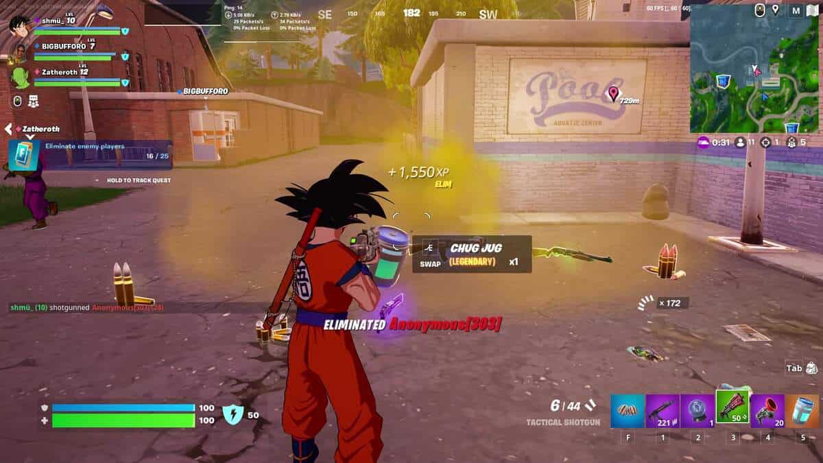 Fortnite how to get Legendary weapons: A player with a Goku skin picking up a Legendary Chug Jug after eliminating a player.