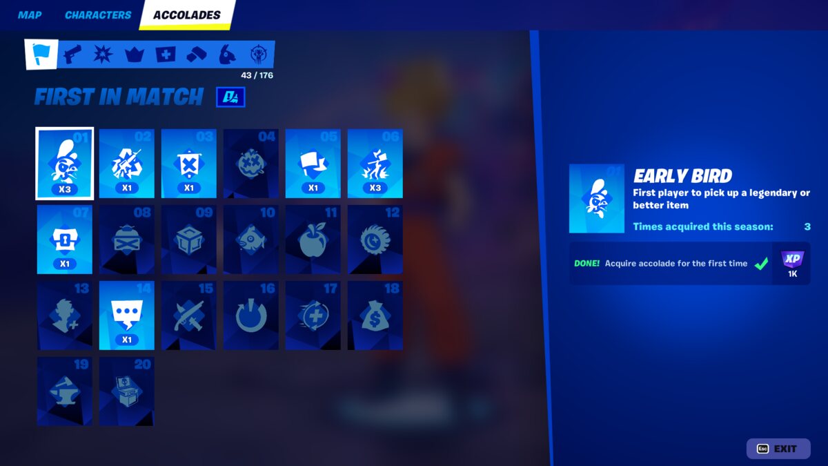 Fortnite how to open Collections and view Accolades: The Accolades tab in Fortnite showing multiple tiles.