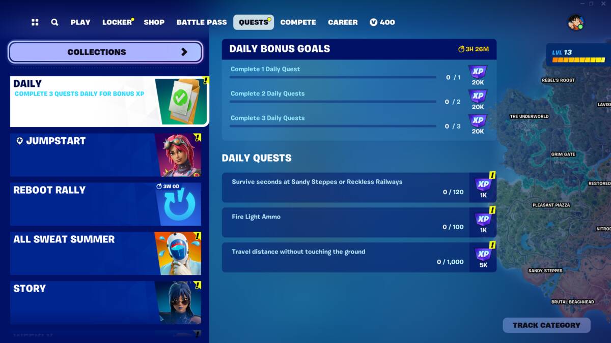 Fortnite how to open Collections and view Accolades: The quests menu in Fortnite.