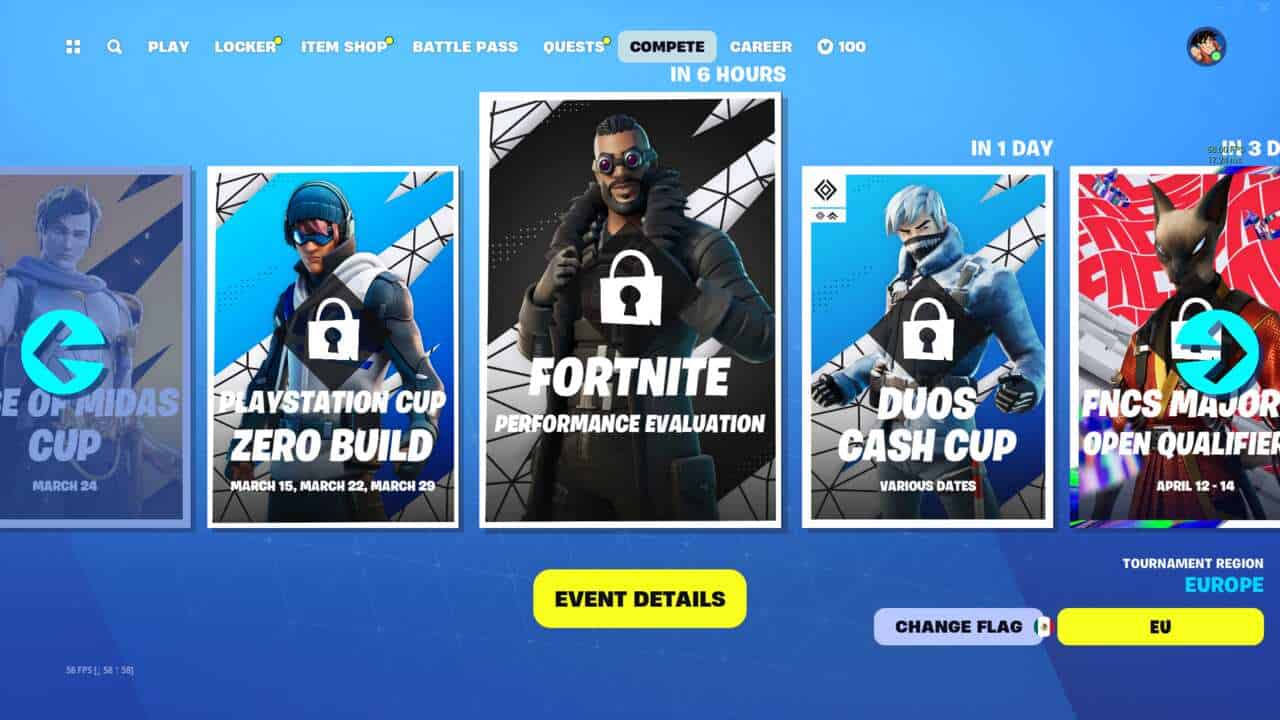 Fortnite how to play in tournaments: The tournaments menu showing a list of tournaments that have just happened or are upcoming.