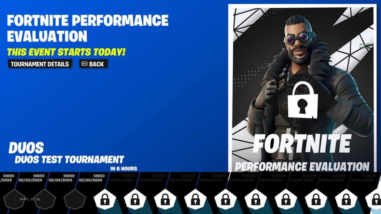 Fortnite how to play in tournaments: The main screen for an upcoming Fortnite tournament entitled 'Performance Evaluation'.