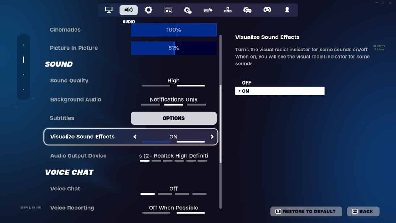 Fortnite how to turn on footsteps: The Visualize Sound Effects setting turned on.