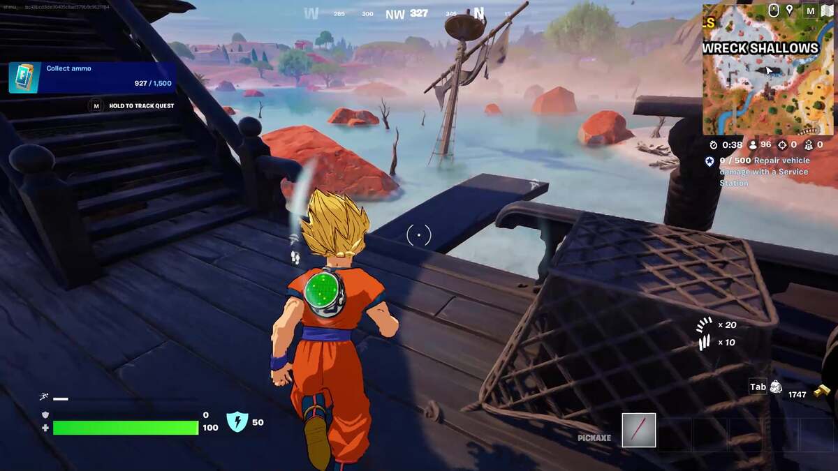 Fortnite how to walk the plank: Goku approaching the plank on the Black Pearl in Fortnite.