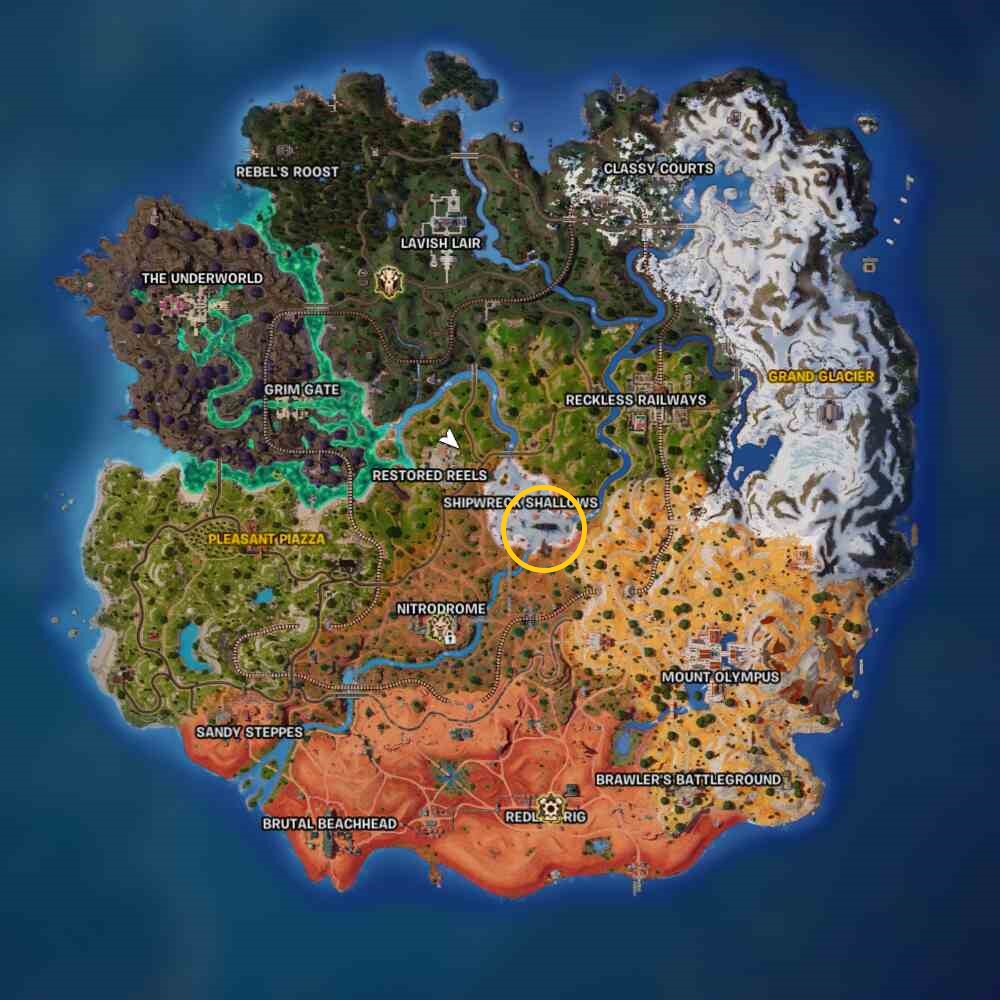 Fortnite how to walk the plank: A Fortnite map showing the location of the Black Pearl where you can walk the plank.