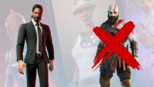 Two video game characters are displayed side by side. The character on the right has a large red 'X' over it, while the character on the left is in a suit. Blurred images are in the background, hinting at a possible Fortnite leak.