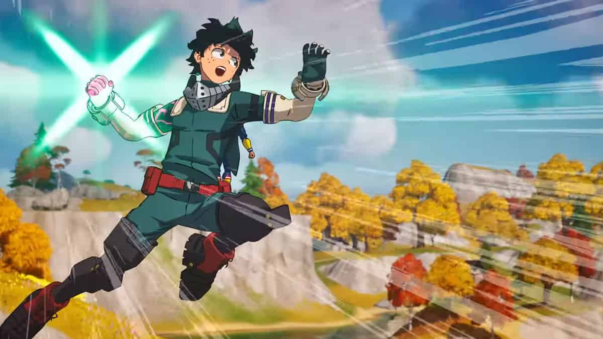 An anime character from My Hero Academia is flying in the air.