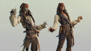How to unlock Jack Sparrow skin in Fortnite: The Jack Sparrow and Cursed Jack Sparrow outfits from Fortnite on a grey background.