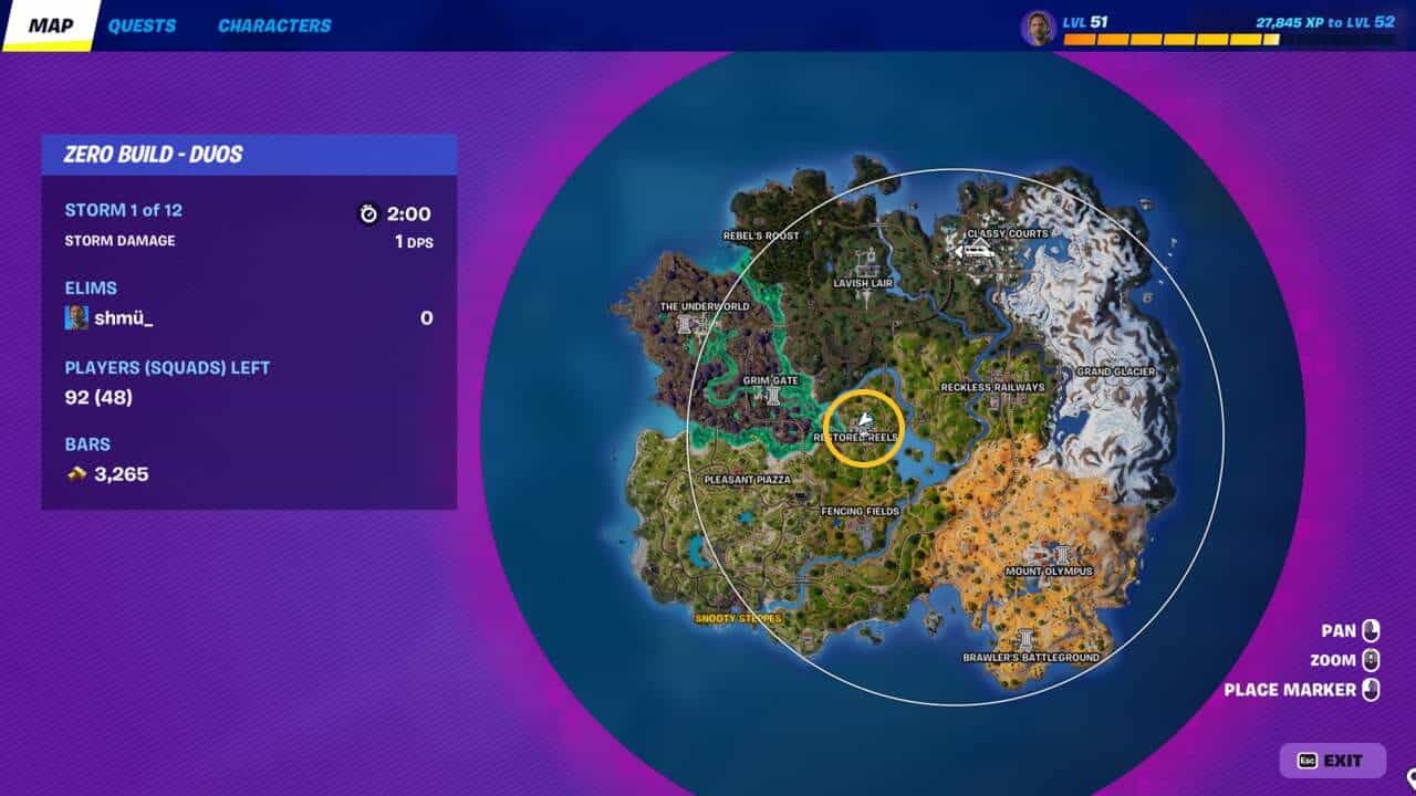 Fortnite how to jam at Restored Reels and Slumberyard: The location of Restored Reels on a Fortnite map.