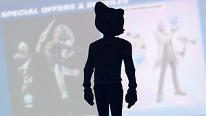 Silhouetted figure with a cat head standing in front of a blurry screen displaying Fortnite characters and special offers.