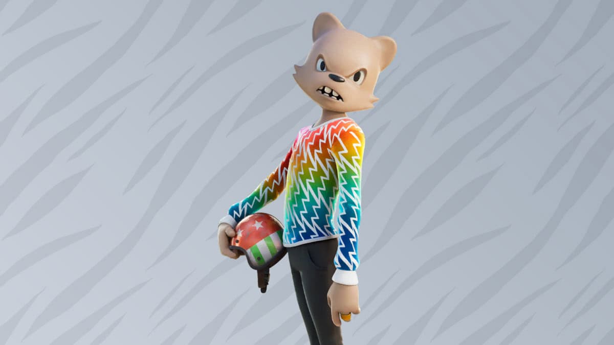 3D animated cat character in a colorful zigzag-patterned sweater, holding a Fortnite spray paint can, with a defiant expression, against a gray herringbone background.