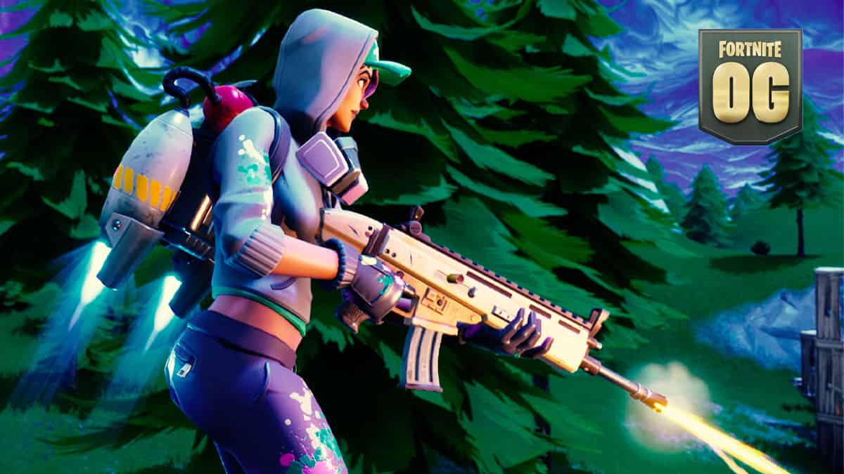 Fortnite character using the SCAR and the jetpack