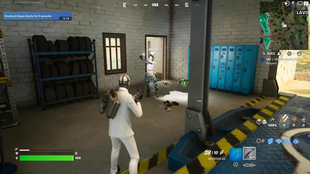 Player in white suit aiming at a vendor NPC located in a workshop-like setting within Fortnite Chapter 5 Season 2.