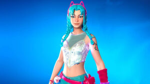 Fortnite how to unlock Katalina skin free: A Fortnite skin with blue hair, a shiny top and pink gloves.