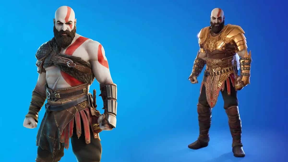 Two images of kratos from the video game Fortnite; on the left, he wears a simple red and brown outfit, and on the right, he is in ornate golden armor, both against a