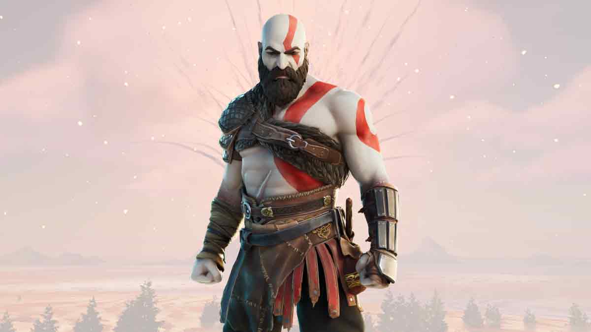 A bearded character, one of the rarest Fortnite skins to return soon, with a red tattoo on his body standing in a snowy landscape.
