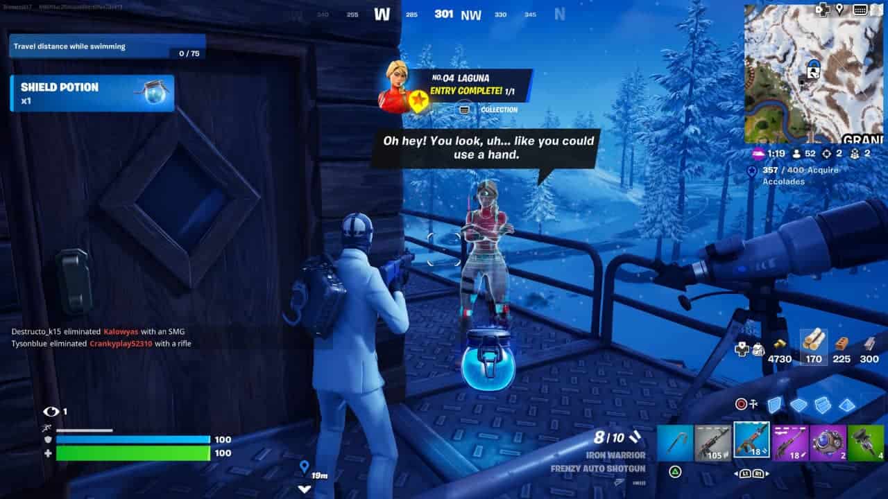 Two players engage in an in-game interaction near vendor NPC locations in Fortnite Chapter 5 Season 2, one of them healing the other on a snow-covered landscape.