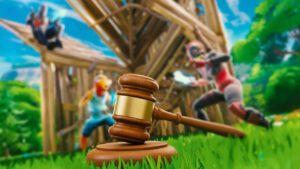 Fortnite players fighting next to a gavel
