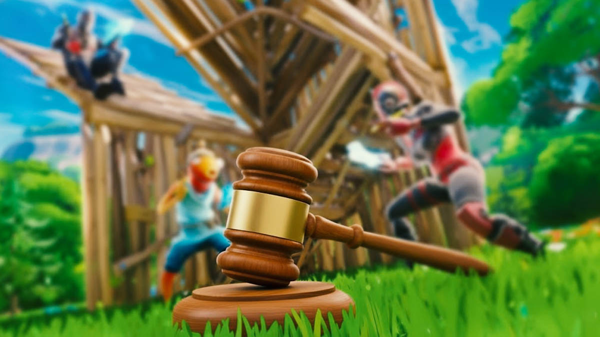 Fortnite players fighting next to a gavel
