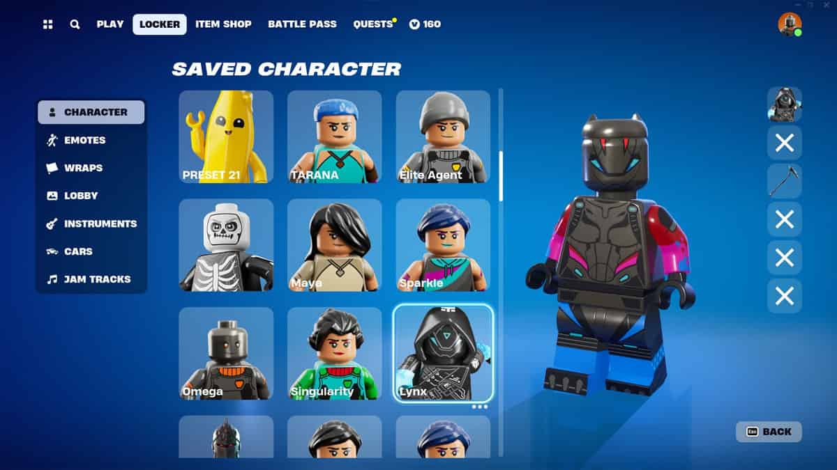 A character shown in the Fortnite Lego cosmetic store