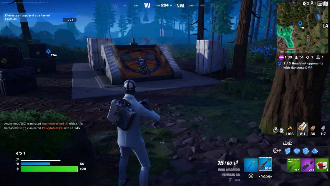 Player encountering a mural in the forest at night in a video game, near one of the Fortnite bunker mod bench locations.