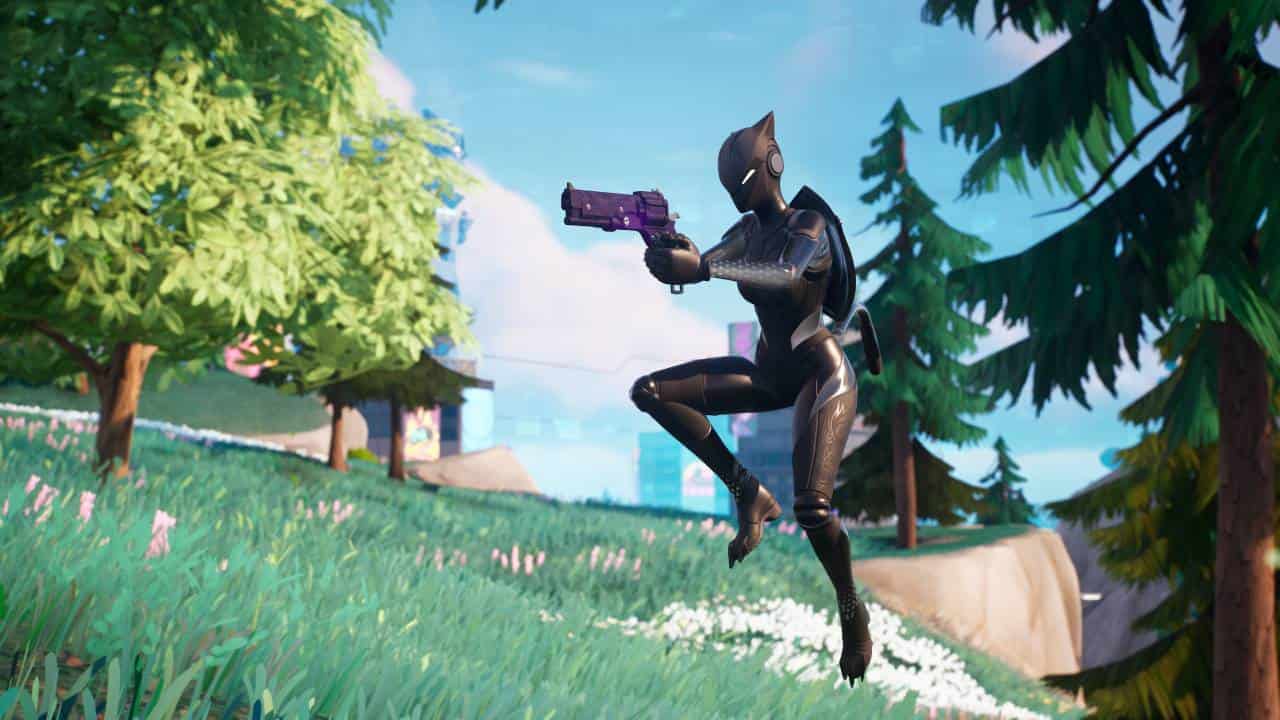 Fortnite Mammoth pistol: Jumping with the Mammoth pistol in hand.