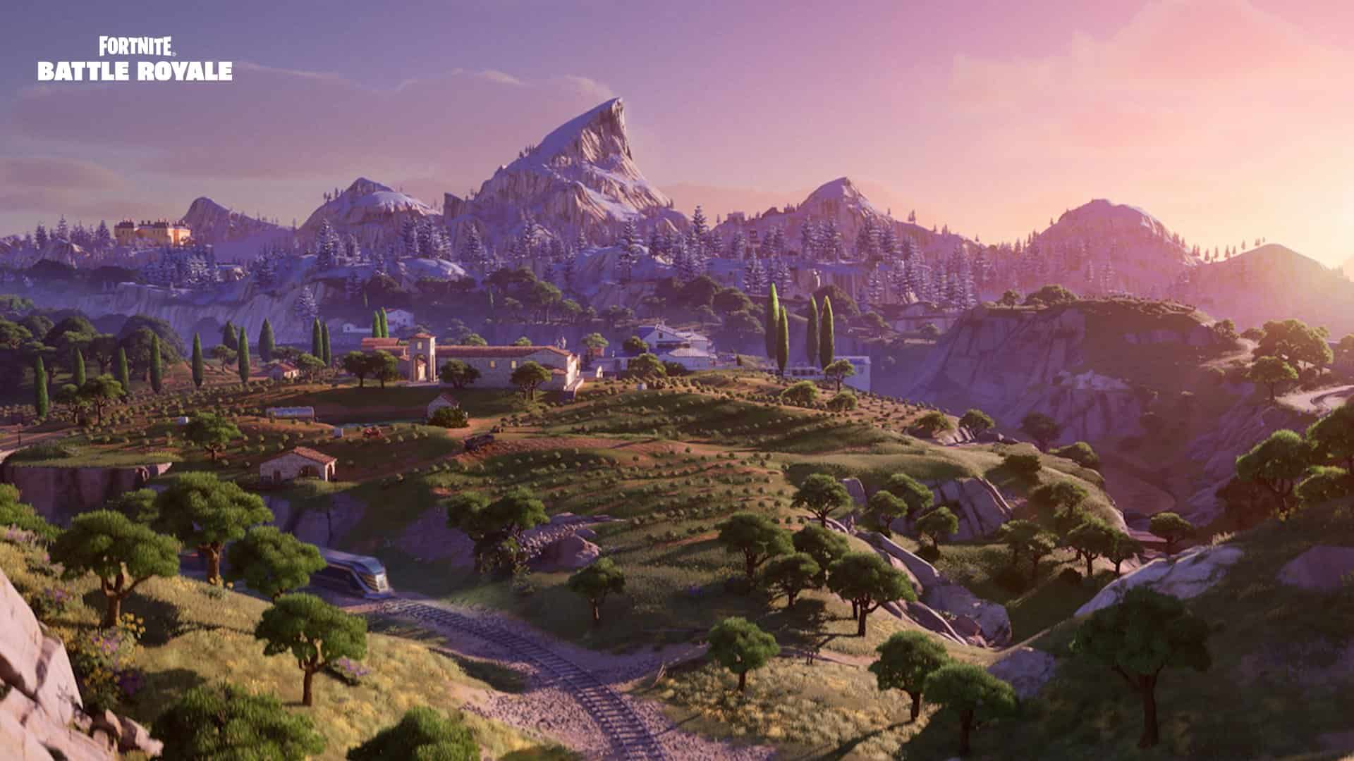 Fortnite Chapter 5 Season 1 introduces a new curved peak mountain. Image from Epic Games.