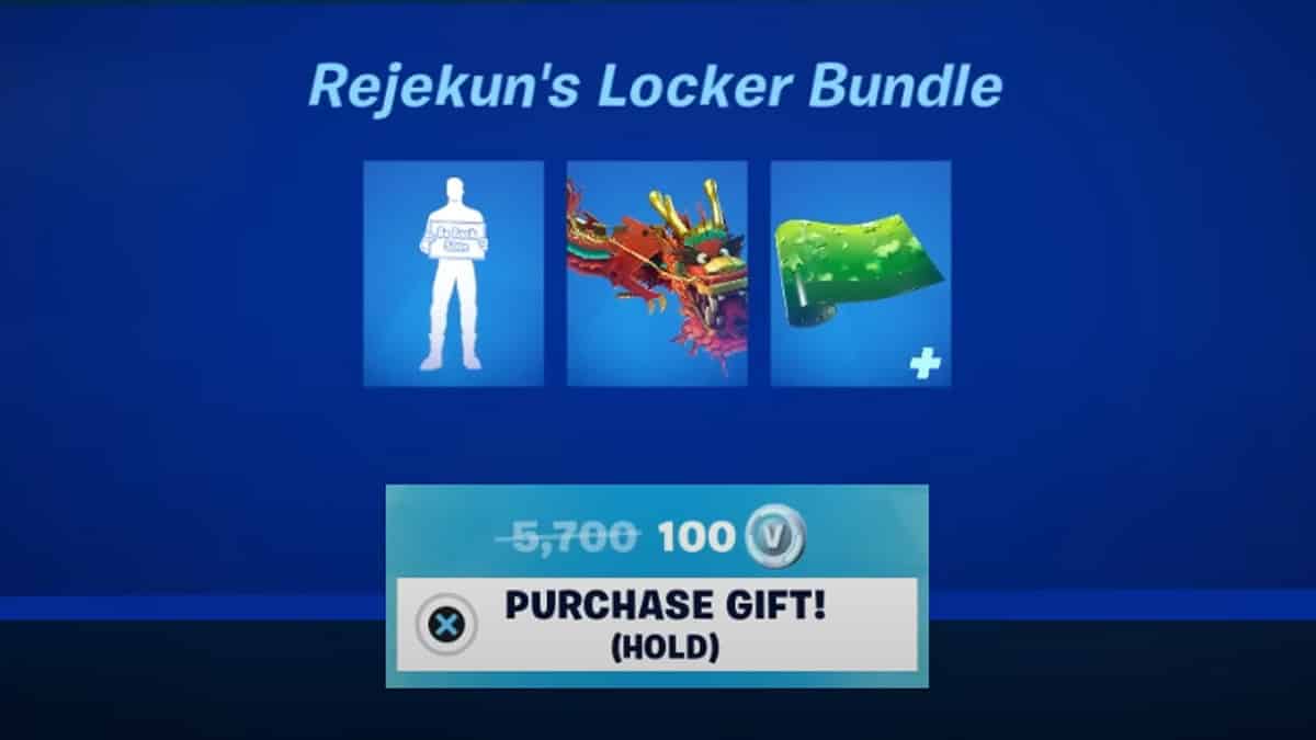 Image depicts an in-game store screen titled "rejekun's locker bundle" featuring a silhouette of a character, a claw-like weapon, and an auto draft item, with a purchase button displaying