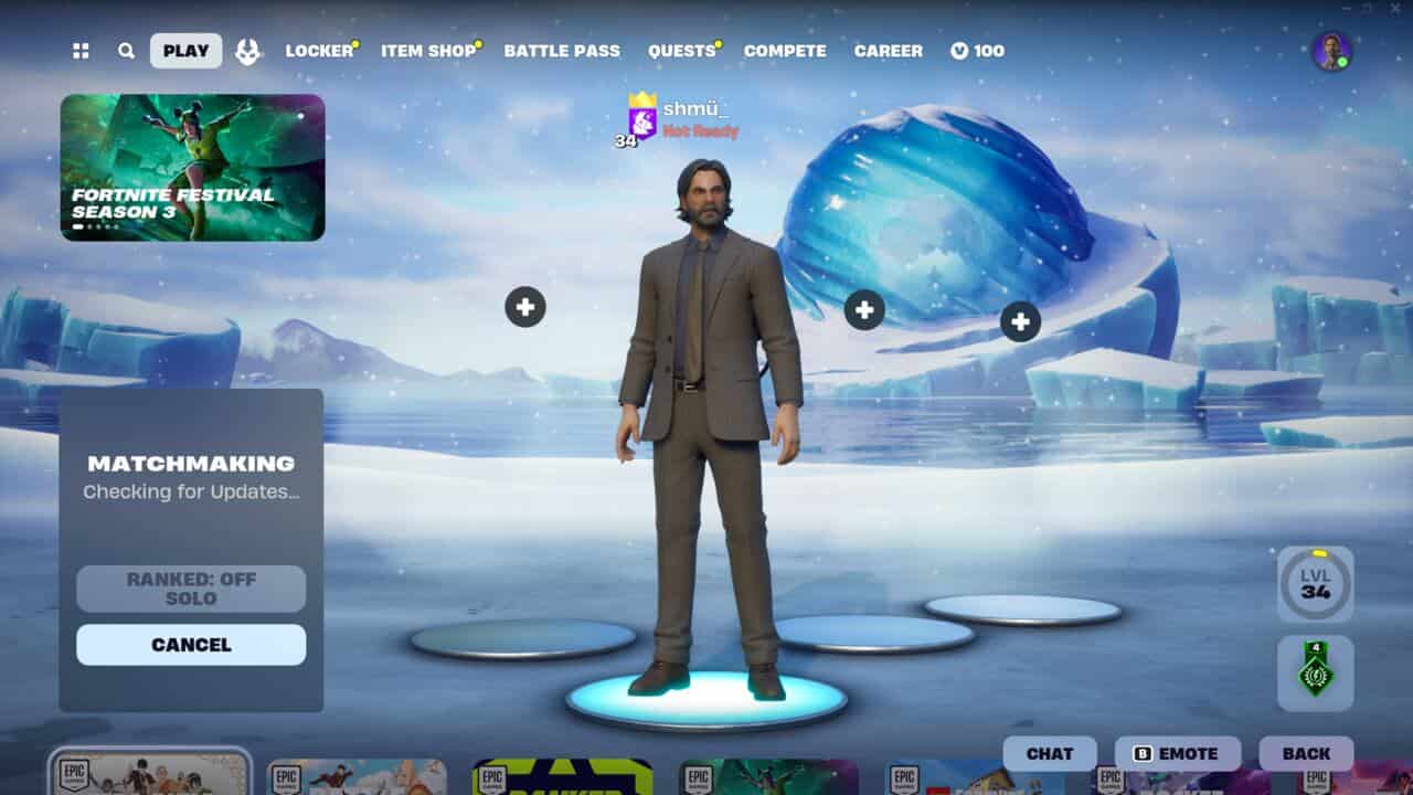 Fortnite Matchmaking Error #1: A player with an Alan Wake skin on the Fortnite lobby with an icy landscape in the background.