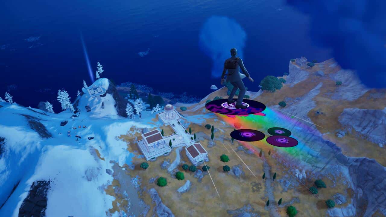 Fortnite Matchmaking Error #1: A player gliding on a vinyl record above the Fortnite map at night.