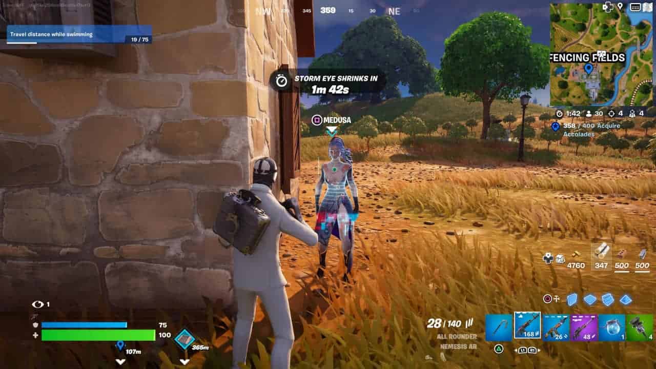 A player encounters a vendor NPC named Medusa in Fortnite Chapter 5 Season 2, with a storm shrinking timer displayed on the screen.