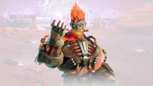 A character with a fiery mohawk, armored gloves, and glowing eyes stands confidently in a futuristic desert setting, clutching Fortnite Medallions that shimmer under the harsh sun.