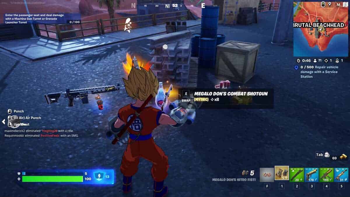 Fortnite Megalo Don: A player standing in front of a pile of items, inspecting a Combat Shotgun.