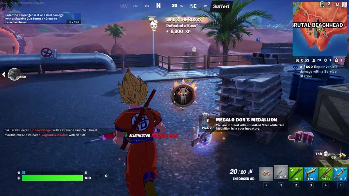 Fortnite Megalo Don: A player standing in front of a pile of items, inspecting the Megalo Don Medallion.